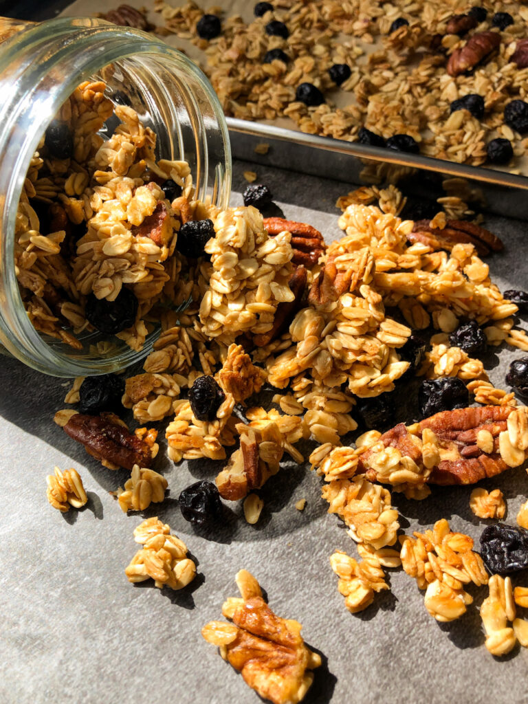 This blueberry pecan granola is the best you'll ever taste. The roasted pecans have a perfect caramelized flavor while the blueberries add the best chewy texture.