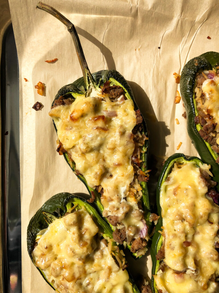 These stuffed poblano peppers are a hit! This is the perfect dish to whip together for a spicy evening. 