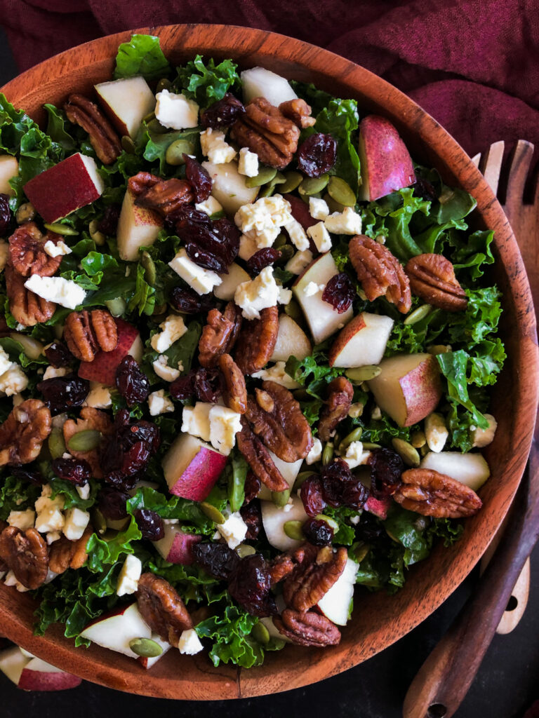 Harvest Kale Salad with Red Pear, Feta, and Candied Pecans
