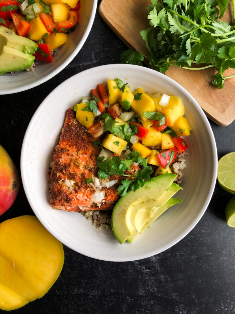 Chili lime salmon bowls with mango salsa