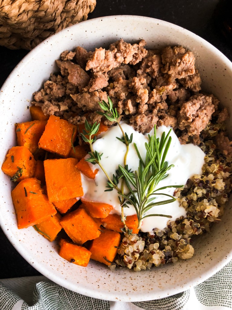 Ground Lamb Nourish Bowls with Garlic Herb Sweet Potatoes