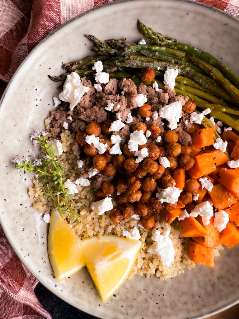 Ground Turkey Nourish Bowl with Crispy Chickpeas