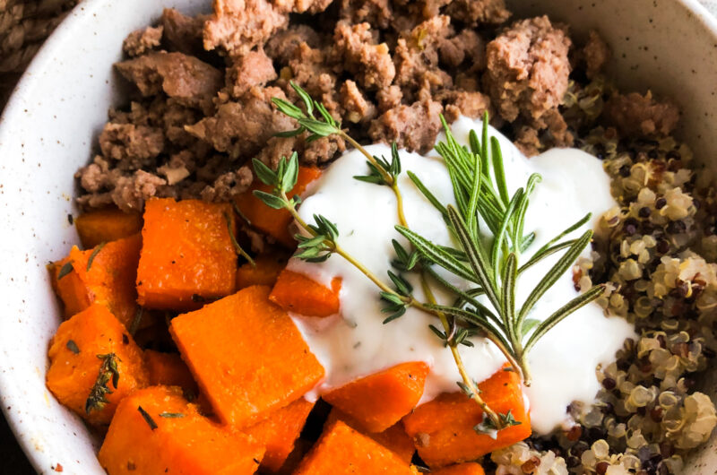 Ground Lamb Nourish Bowls with Garlic Herb Sweet Potato
