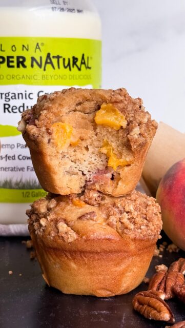 These naturally sweetened peach muffins are so moist and flavorful with the most delicious, buttery pecan crumble on top. You’ll definitely want to make these ASAP before peach season is over! 🍑🥛@kalonasupernatural_milk_dairy has officially launched their 2% milk at @sprouts, so be sure to stop by to pick some up for this recipe!! I love Kalona’s milk because it’s from grass-fed cows and it’s low-temp pasteurized, which helps keep many of the beneficial enzymes intact for digestion compared to high-temp pasteurization.Ingredients:
2 cups organic peaches, diced (2-3 peaches)
Wet:
1 cup 2% milk by @kalonasupernatural_milk_dairy
1/2 cup avocado oil (or melted and cooled coconut oil or grass-fed butter)
2 large eggs
1 Tbsp honey (21g)
1 tsp vanilla extract
Dry:
2 cups white flour, spooned and leveled (282g)
1/2 rounded cup coconut sugar (90g)
1 1/2 tsp baking powder (6g)
1/2 tsp baking soda (3g)
1/2 tsp salt (3g)Pecan Crumble
2/3 cup flour (90g)
1/2 cup finely chopped pecans (50g)
1/3 rounded cup coconut sugar (65g)
4 1/2 Tbsp butter, melted (63g)1. Preheat the oven to 375ºF and line a muffin tin with tulip muffin liners (these liners are bigger, which give more space for these extra large muffins!)
2. Dice the peaches and set aside.
3. In a small bowl, mix together the crumble topping with a fork until it forms a crumb.
4. In a large bowl, whisk together the wet ingredients.
5. In a medium bowl, mix together the dry ingredients.
6. Add the dry ingredients to the wet and mix until combined, but do not over-mix.
7. Fold in the peaches. Scoop the batter into the tulip muffin liners and top with a spoonful of the pecan crumble.
8. Bake 22-25 minutes, until a toothpick inserted into the middle comes out clean.#muffins #peach #healthymuffins #healthyrecipe #healthyrecipes #recipeshare #thefeedfeedbaking #thefeedfeed #eeeeeats #pcos #healthybaking #gettinghealthy #mealprep #healthyrecipeideas #buzzfeedhealth #healthydiet #healthyliving #healthyeating
