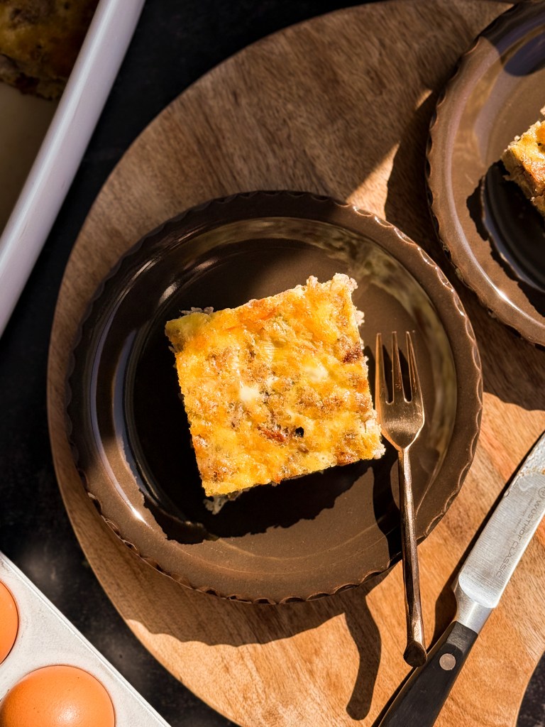 Top view of a slice of Autumn Breakfast Casserole