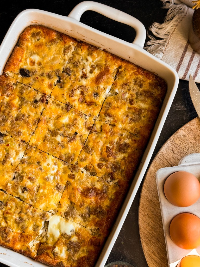 Top view of Autumn Breakfast Casserole with slices cut.