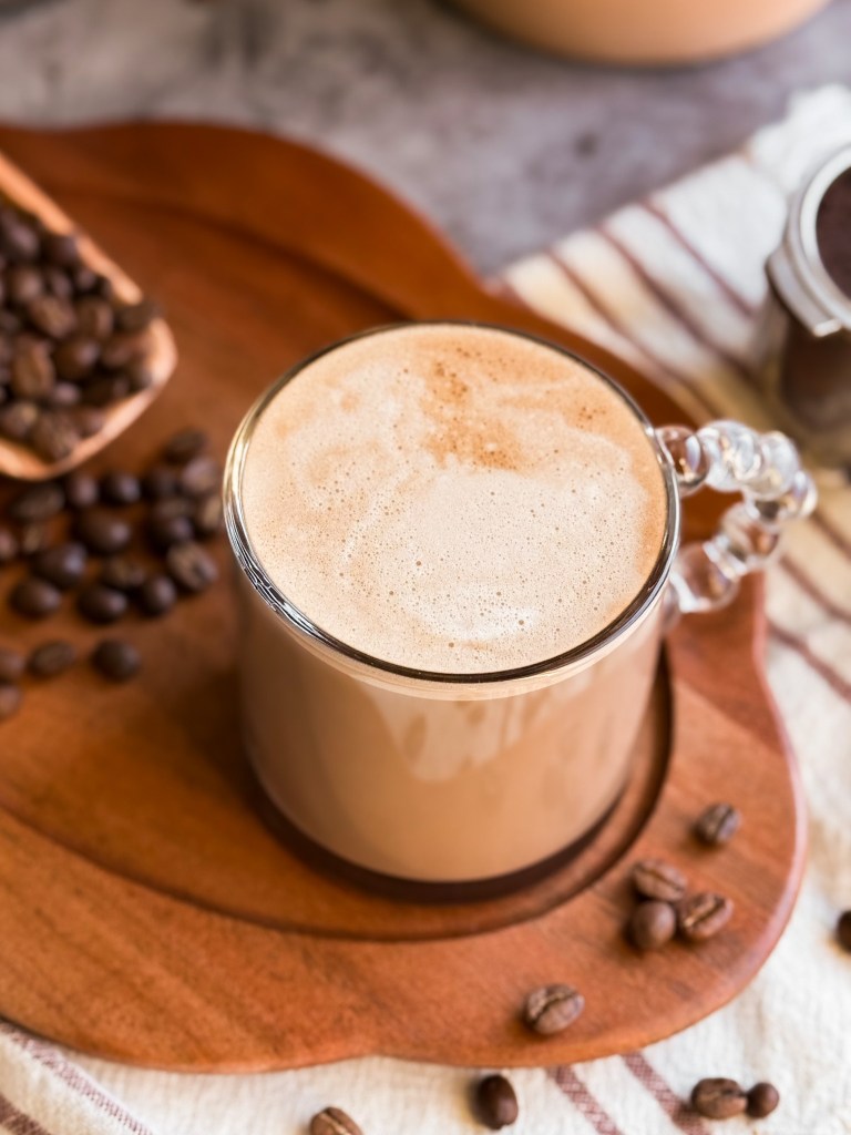 Top view of Healthy Hot Mocha Latte with Chocolate Date Syrup