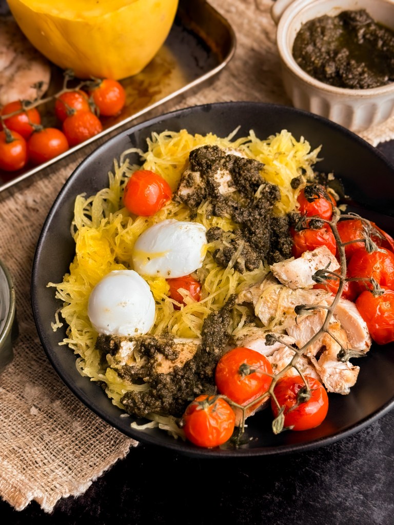 Pesto Chicken Spaghetti Squash (One Pan!)