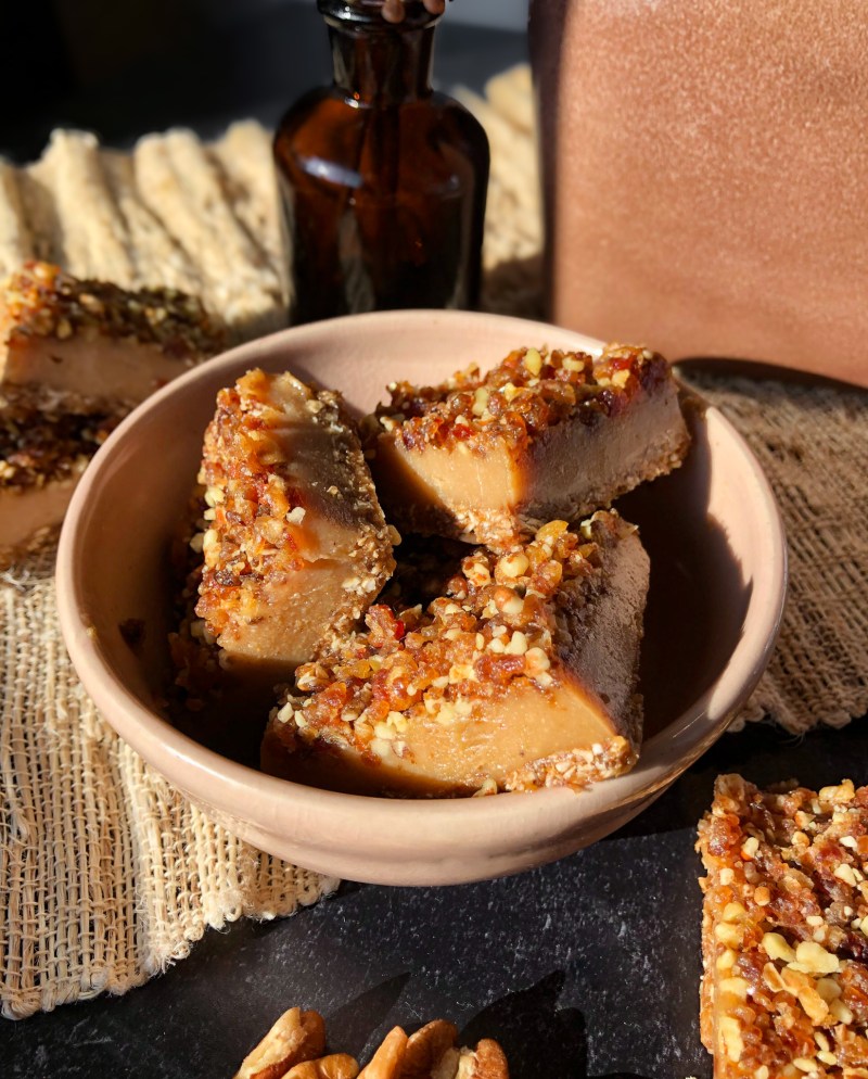 cubes of No-Bake Pecan Pie Bars in a bowl (healthy!)