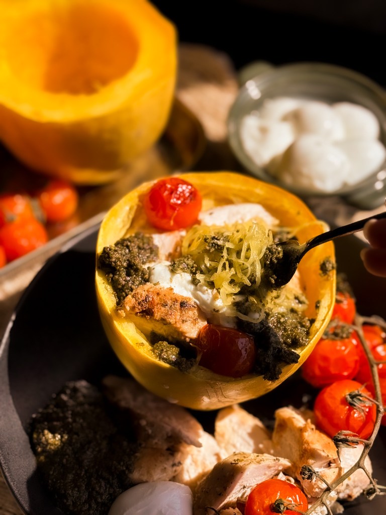 Pesto Chicken Spaghetti Squash (One Pan!)