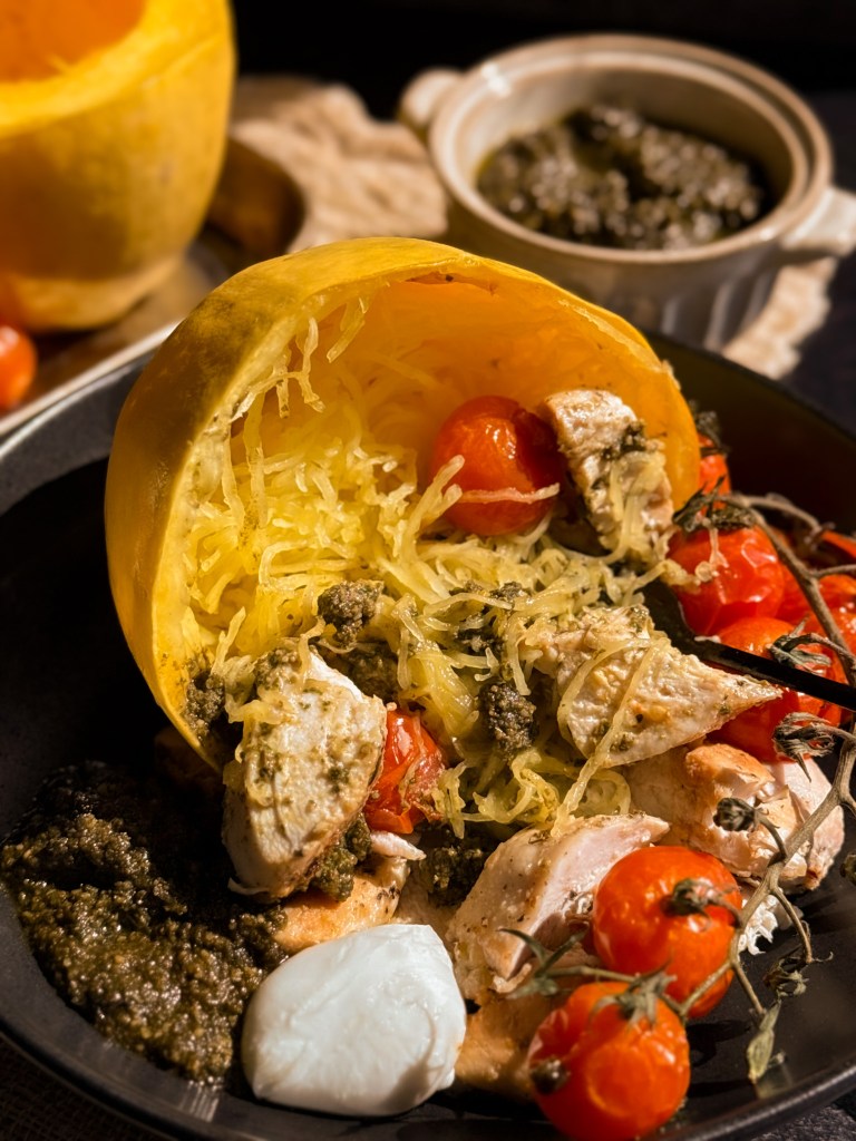 Pesto Chicken Spaghetti Squash (One Pan!)