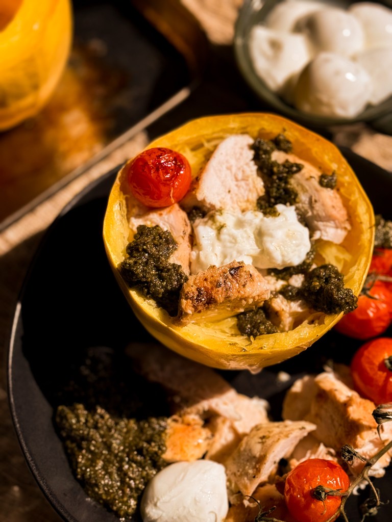 Pesto Chicken Spaghetti Squash (One Pan!)