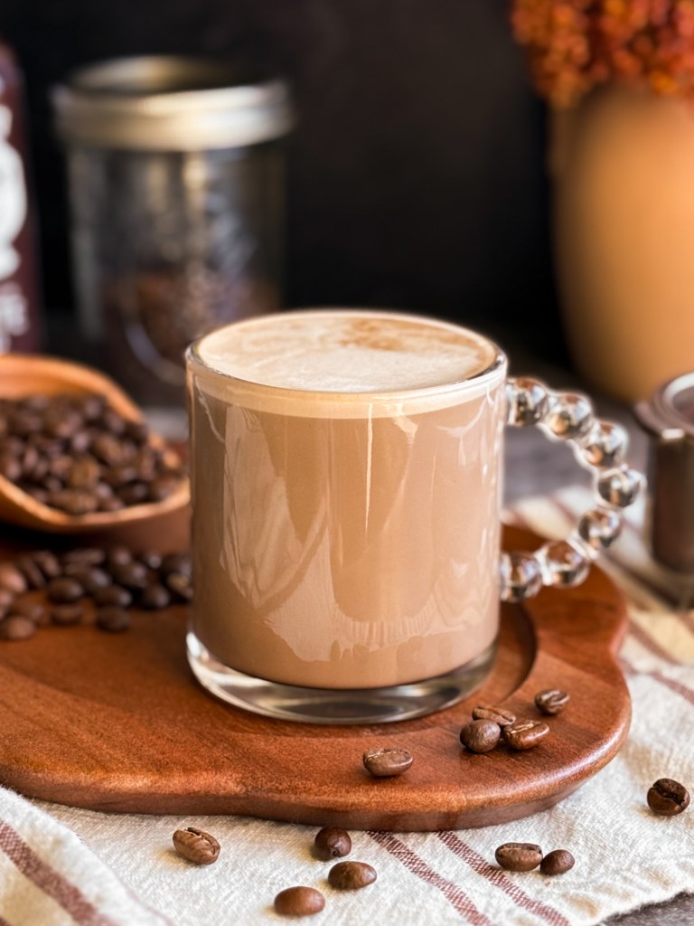 Side view of Healthy Hot Mocha Latte with Chocolate Date Syrup