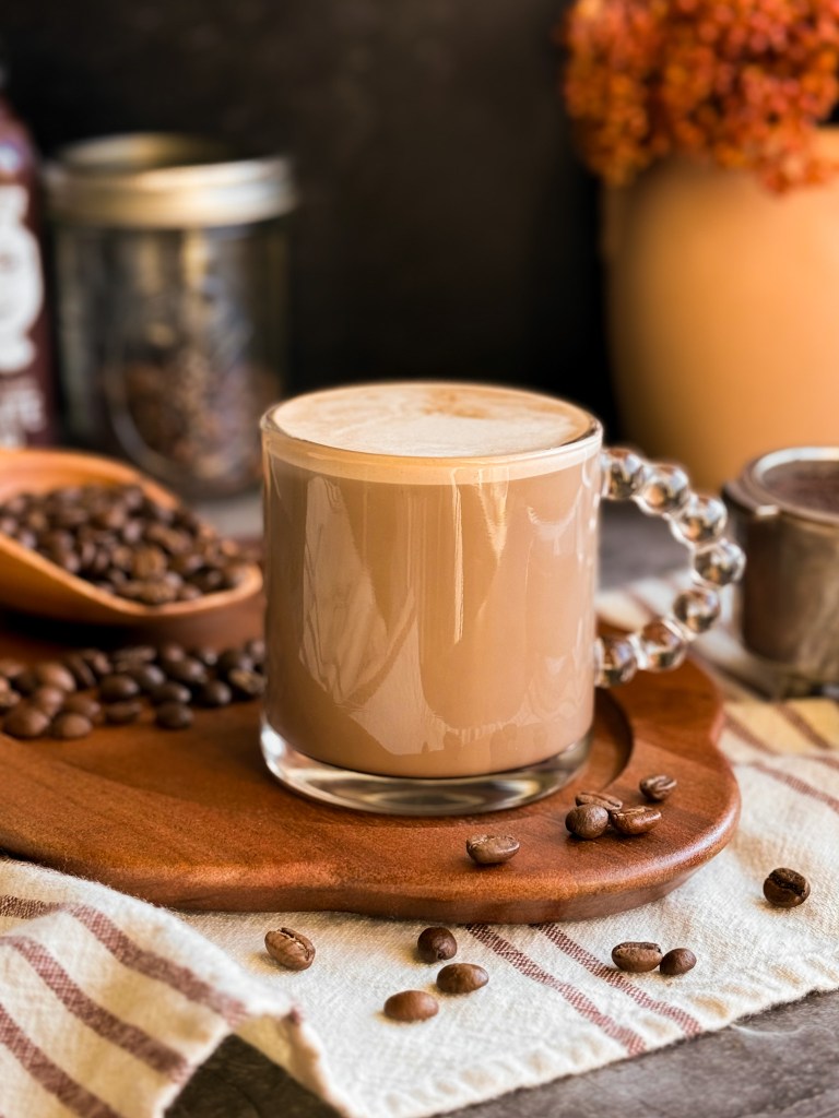 Side view of a Healthy Hot Mocha Latte with Chocolate Date Syrup