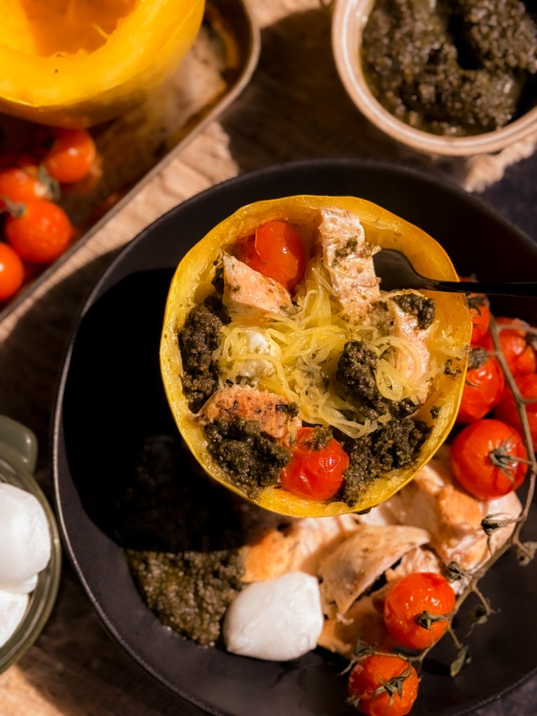 Pesto Chicken Spaghetti Squash (One Pan!)