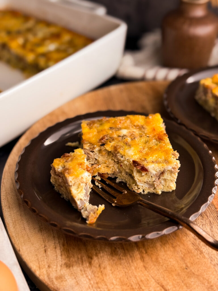 Side view with bite taken out of Autumn Breakfast Casserole