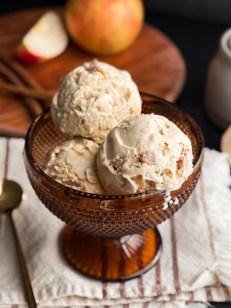 Maple Cinnamon Apple Ice Cream melting down the side of a bowl - delicious and creamy