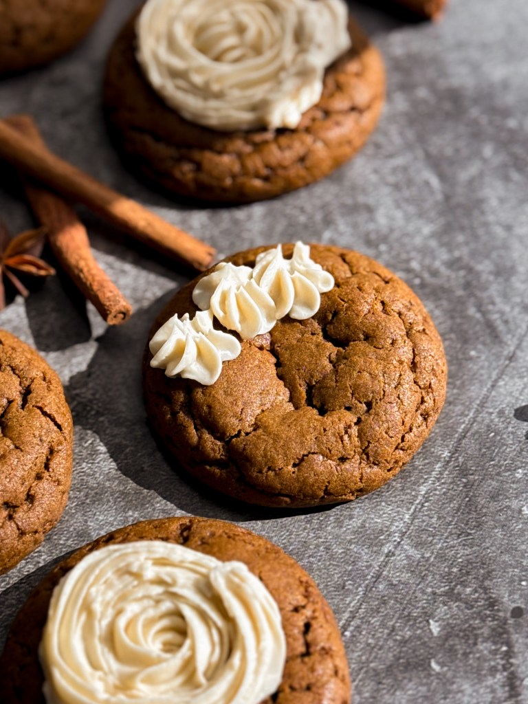Healthy Soft Gingerbread Cookies with Maple Cream Cheese Frosting. A recipe made by Home-Cooked Living. These gingerbread cookies are soft, moist, and gooey. They are naturally sweetened with coconut sugar and molasses.