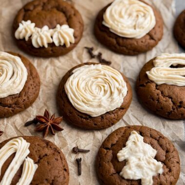 Healthy Gingerbread Cookies with Maple Cream Cheese Frosting. A recipe made by Home-Cooked Living. These gingerbread cookies are soft, moist, and gooey. They are naturally sweetened with coconut sugar and molasses.