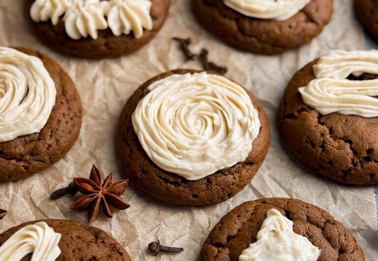 Healthy Gingerbread Cookies with Maple Cream Cheese Frosting. A recipe made by Home-Cooked Living. These gingerbread cookies are soft, moist, and gooey. They are naturally sweetened with coconut sugar and molasses.