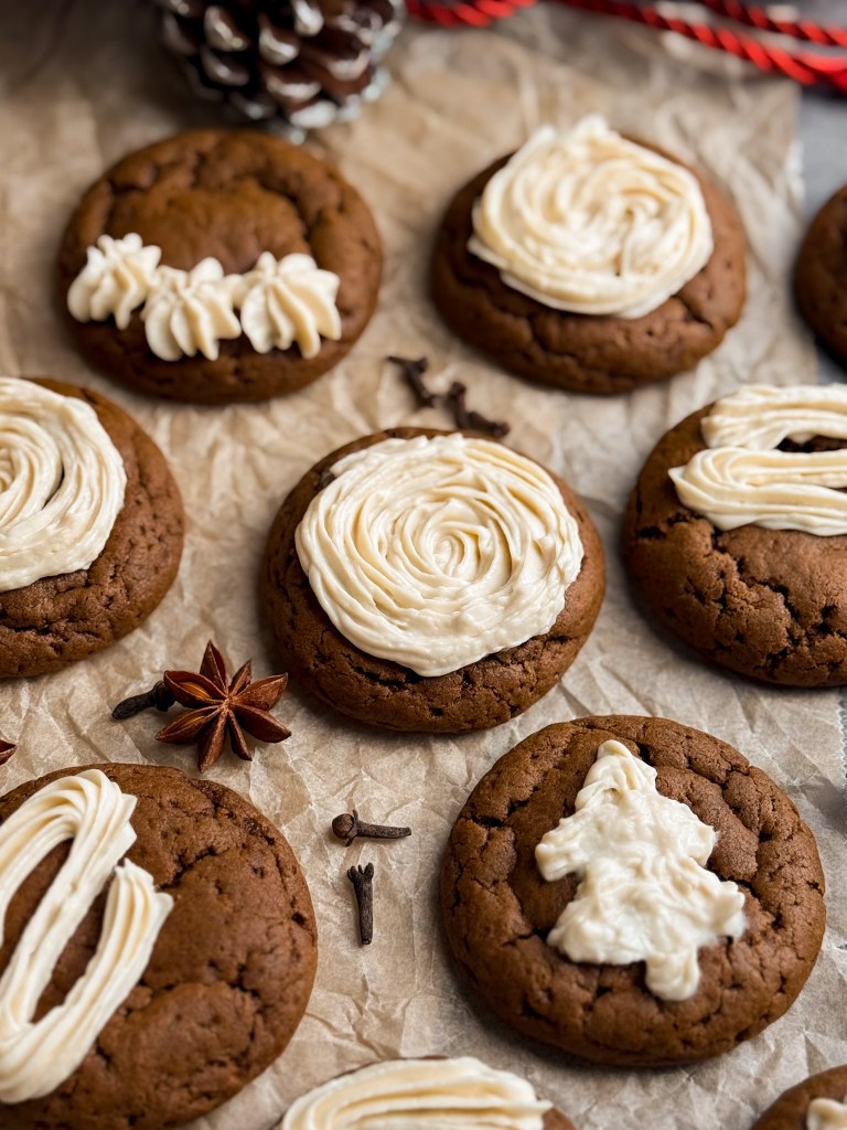 Healthy Soft Gingerbread Cookies with Maple Cream Cheese Frosting. A recipe made by Home-Cooked Living. These gingerbread cookies are soft, moist, and gooey. They are naturally sweetened with coconut sugar and molasses.