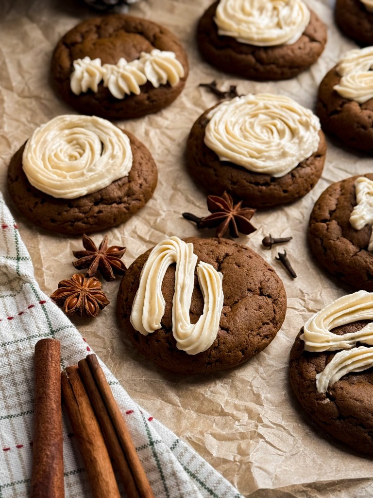 Healthy Soft Gingerbread Cookies with Maple Cream Cheese Frosting. A recipe made by Home-Cooked Living. These gingerbread cookies are soft, moist, and gooey. They are naturally sweetened with coconut sugar and molasses.