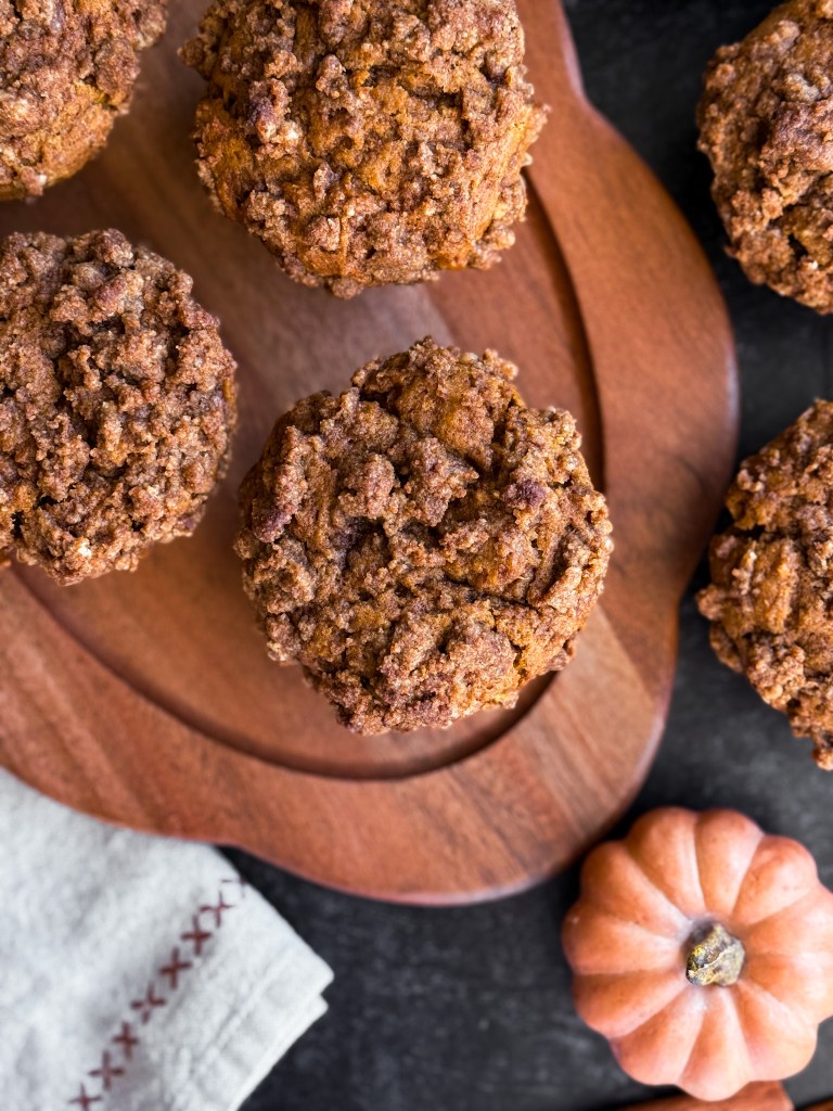 Top view of the BEST Pumpkin Streusel Muffins that are naturally sweetened using coconut sugar, which is the dehydrated sap from coconut trees.