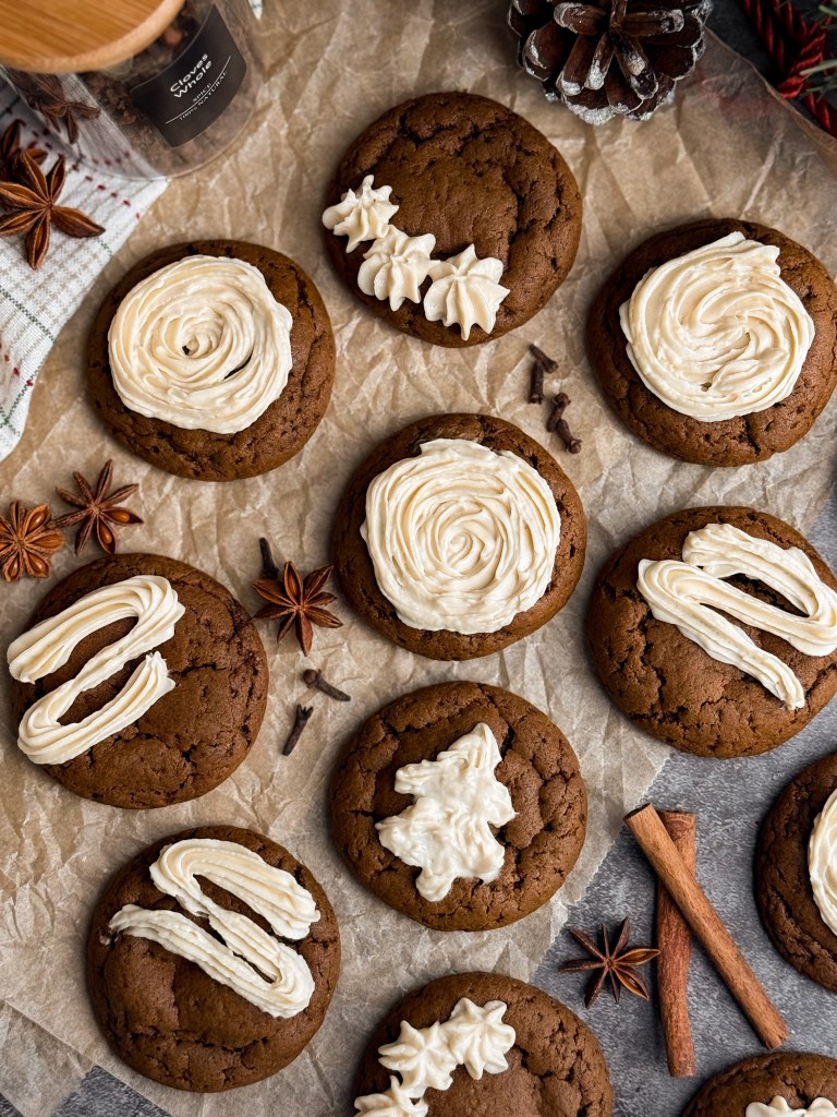 Healthy Soft Gingerbread Cookies with Maple Cream Cheese Frosting. A recipe made by Home-Cooked Living. These gingerbread cookies are soft, moist, and gooey. They are naturally sweetened with coconut sugar and molasses.