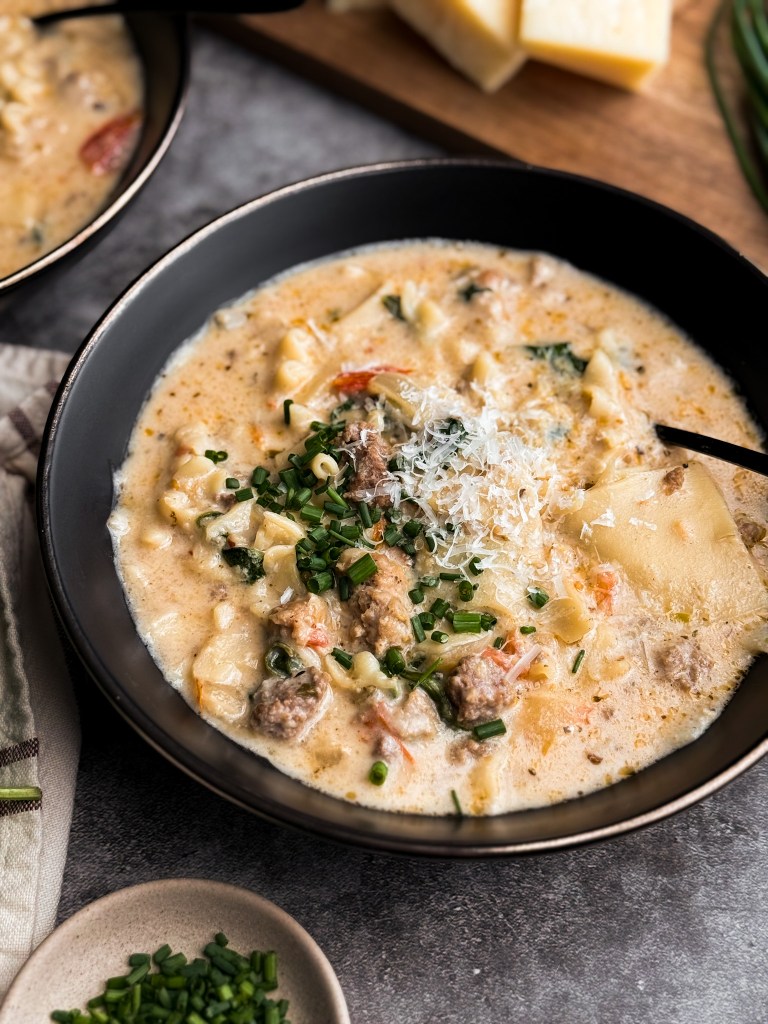Close-up view of White Lasagna Soup, created by home-cooked living.