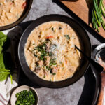 Overhead view of White Lasagna Soup - a recipe created by Christine Manes, the owner of a healthy recipe website titled Home-Cooked Living.