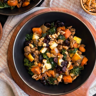 top view of One-Pan Harvest Skillet by home-cooked living (a healthy recipes website).
