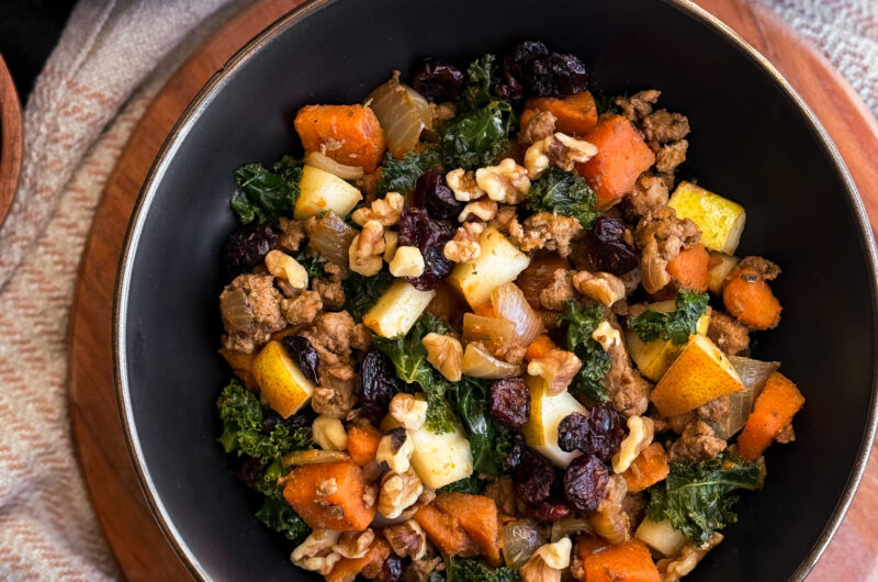 top view of One-Pan Harvest Skillet by home-cooked living (a healthy recipes website).