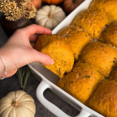 Picking up Pumpkin Sage Dinner Rolls, a recipe created by Christine Manes from Home-cooked living.