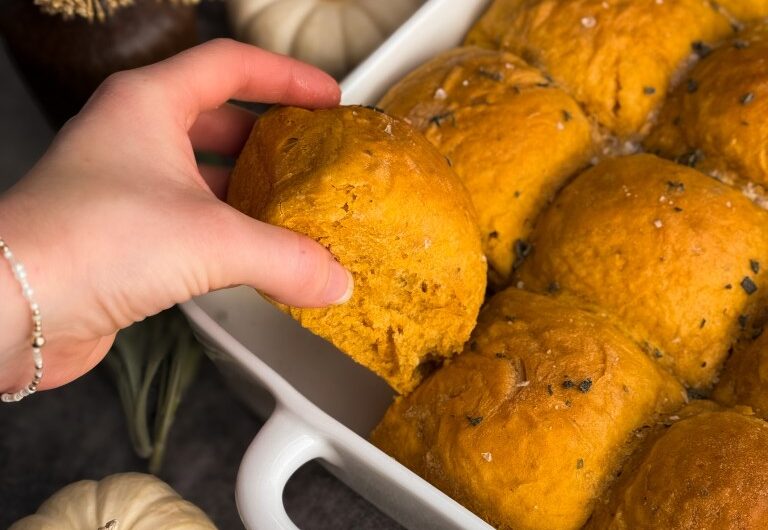 Picking up Pumpkin Sage Dinner Rolls, a recipe created by Christine Manes from Home-cooked living.