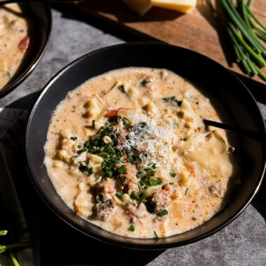 White Lasagna Soup created by Christine Manes, owner of Home-Cooked Living, which is a healthy recipe website.