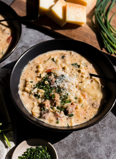 White Lasagna Soup created by Christine Manes, owner of Home-Cooked Living, which is a healthy recipe website.