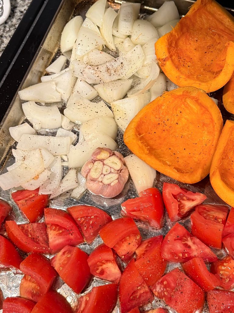 ingredients for Pumpkin Tomato Soup - pre-roasting.