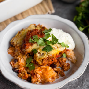 Healthy Taco Casserole, aka healthy taco bake. Recipe by home-cooked living.