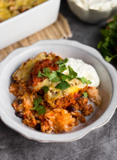 Healthy Taco Casserole, aka healthy taco bake. Recipe by home-cooked living.