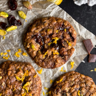 Christmas Oatmeal Cookies - a healthy Christmas cookie recipe with pistachios, cranberries, and homemade toffee. A Christmas cookie by home-cooked living.