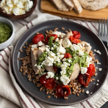 Pesto Chicken with Farro and Blistered Tomatoes