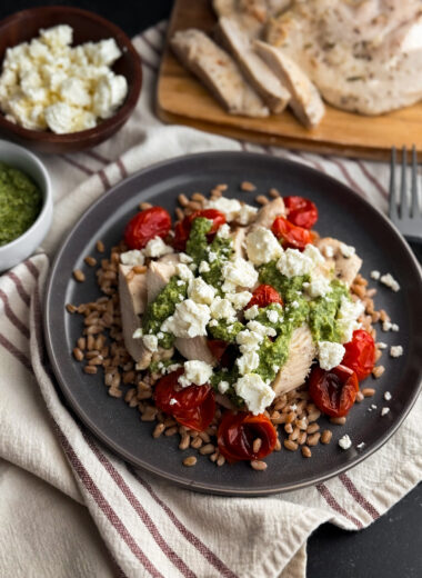 Pesto Chicken with Farro and Blistered Tomatoes