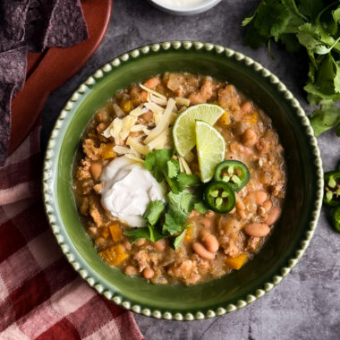 Salsa Verde Chicken Chili recipe by Home-Cooked Living, a healthy recipe website with simple, easy, and healthy recipes.