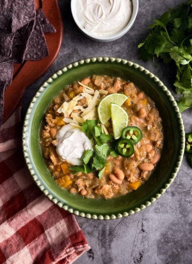 Salsa Verde Chicken Chili recipe by Home-Cooked Living, a healthy recipe website with simple, easy, and healthy recipes.