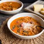 2 bowls of Healthy Lasagna Soup with freshly grated parmesan cheese - an easy and healthy recipe by Home-Cooked Living