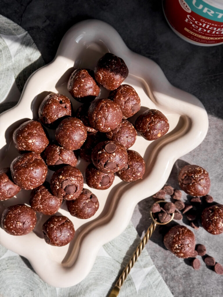 Chewy Chocolate Nourish Balls by Home-cooked living with cacao powder and chocolate collagen