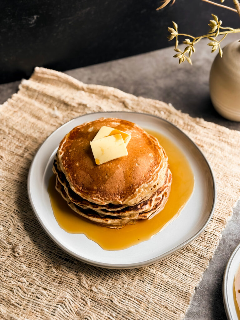 Fluffy Wheat Pancakes - a healthy pancake recipe that has half wheat flour and half white flour